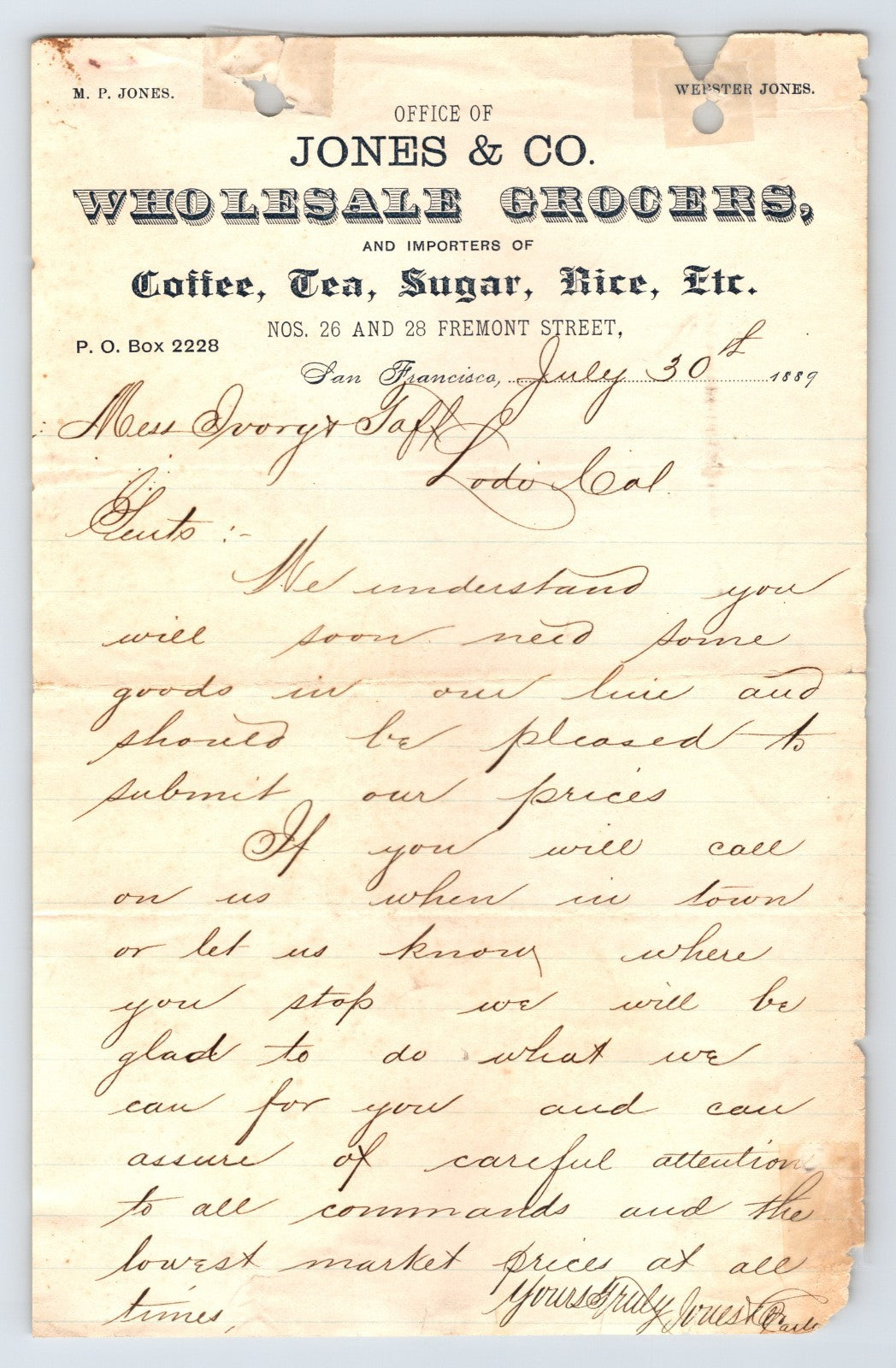 San Francisco California Jones Company wholesale grocers 1889 letterhead coffee tea document