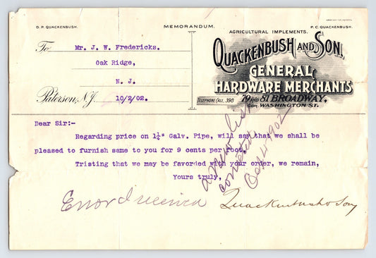 1902 Paterson New Jersey Quackenbush and Son hardware letterhead memorandum with printed business header and typed correspondence