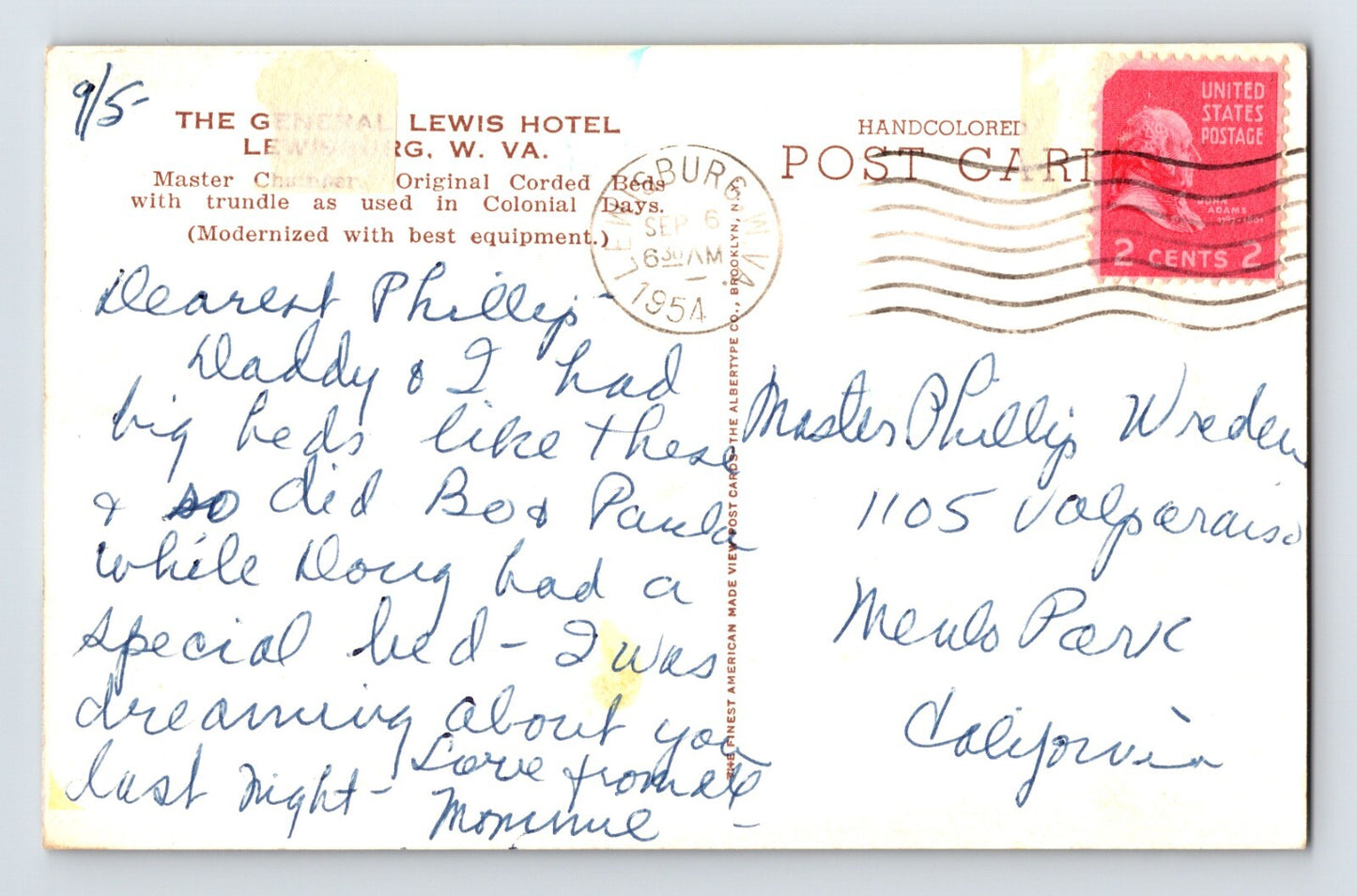 Lewisburg West Virginia General Lewis Hotel Master Chamber 1950s Postcard Posted