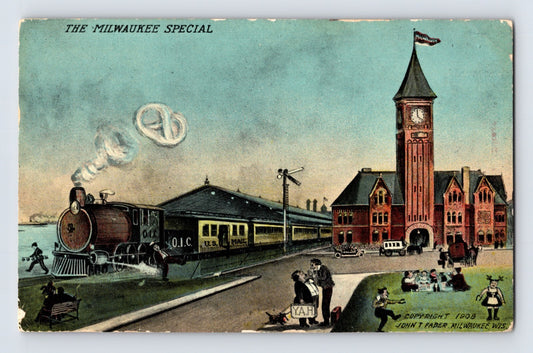 Milwaukee Wisconsin beer barrel locomotive with pretzel smoke cloud 1911 postcard