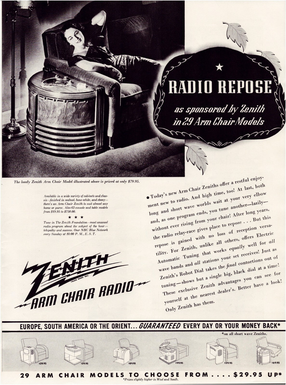 Zenith 1937 arm chair radio advertisement woman reclining radio console vintage print ad