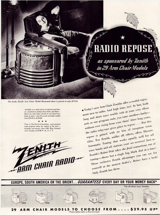 Zenith 1937 arm chair radio advertisement woman reclining radio console vintage print ad