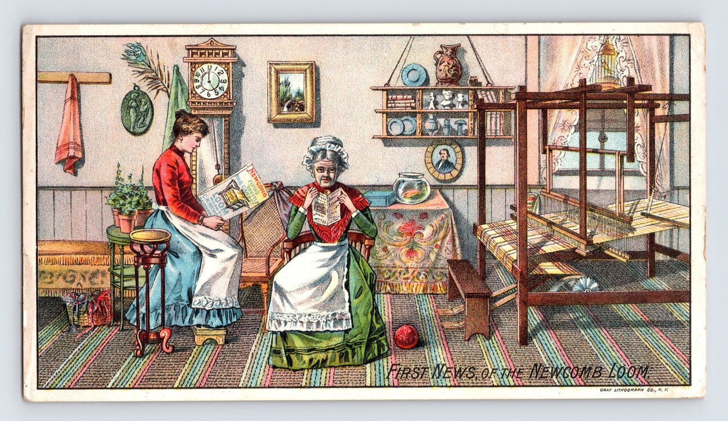 Newcomb rag carpet loom trade card showing interior weaving scene with two women and large loom, detailed chromolithograph domestic setting