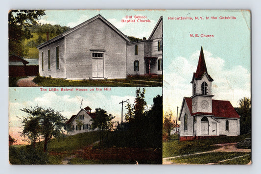 Halcottsville New York Catskills school house Baptist Church M E Church 1914 postcard front view