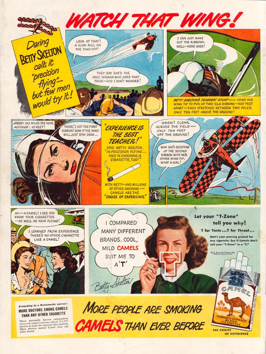 Camel cigarettes 1948 Betty Skelton pilot comic style aviation print ad with stunt plane and illustrated panels