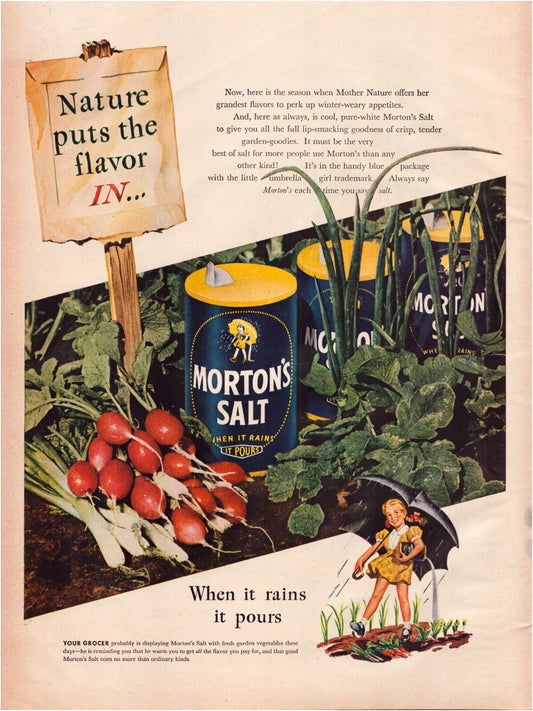 Mortons Salt 1947 vegetable garden print ad radishes onions packaging umbrella girl
