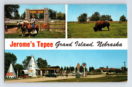 Multi view postcard of Jeromes Tepee in Grand Island Nebraska with pony ride buffalo and Texaco gas station