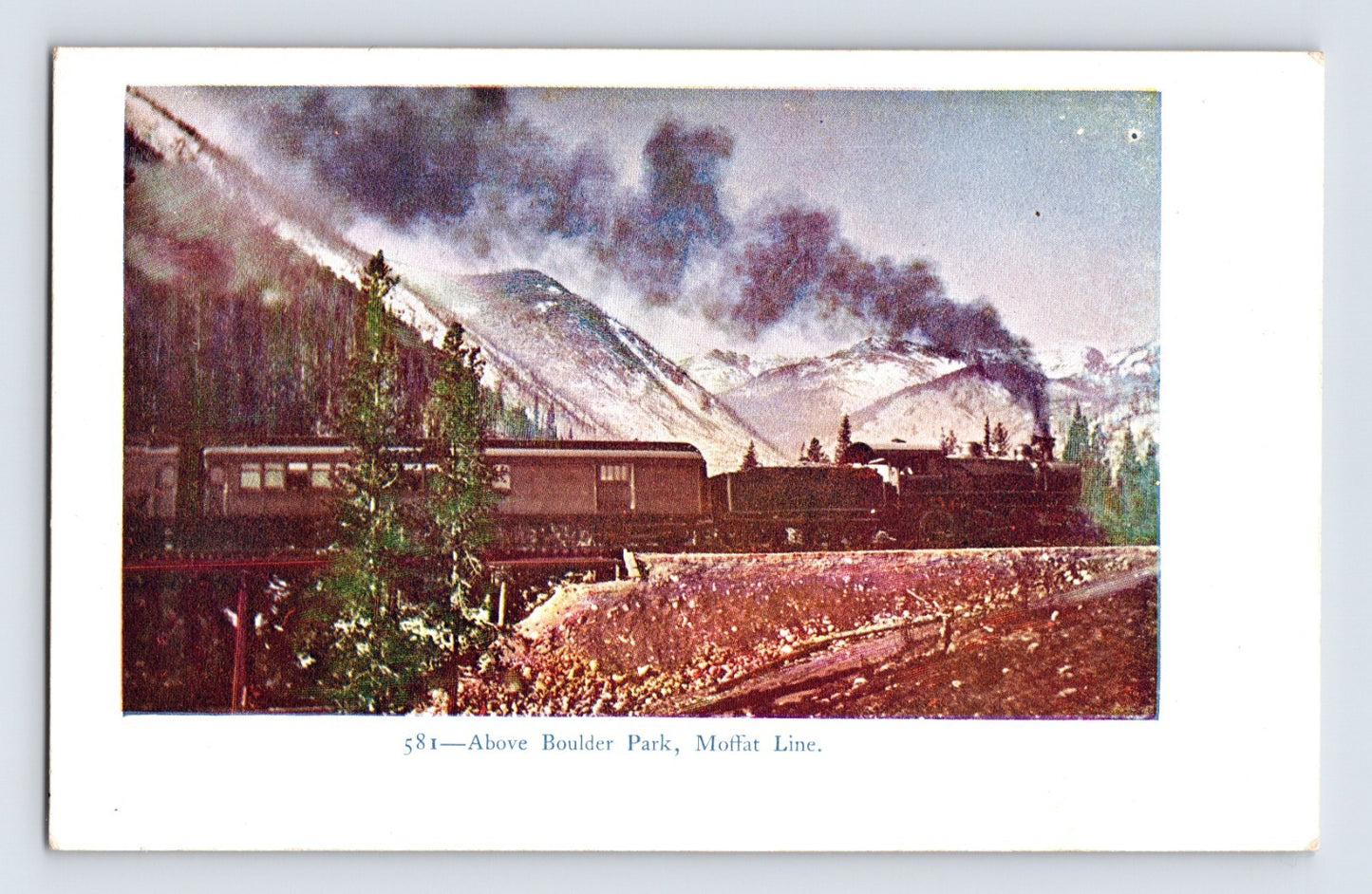 Moffat Road Colorado steam train above Boulder Park mountain landscape with snow peaks postcard