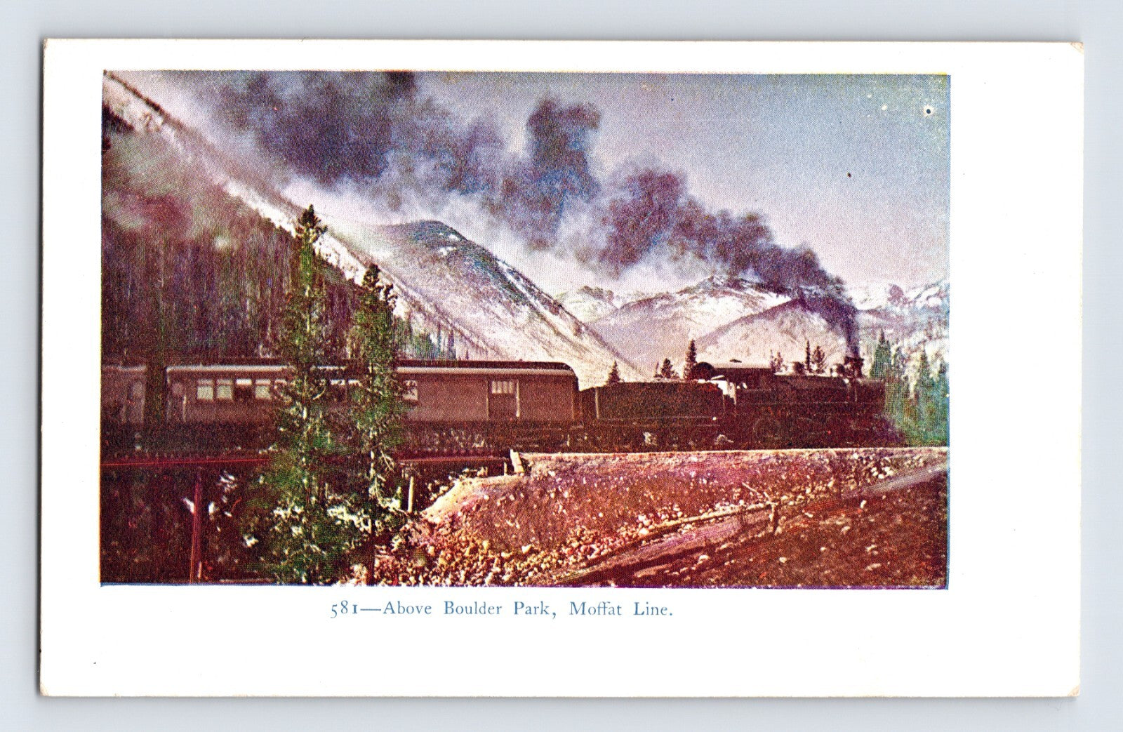 Moffat Road Colorado steam train above Boulder Park mountain landscape with snow peaks postcard