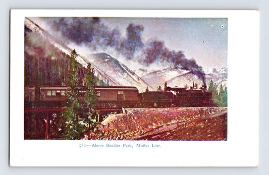 Moffat Road Colorado steam train above Boulder Park mountain landscape with snow peaks postcard