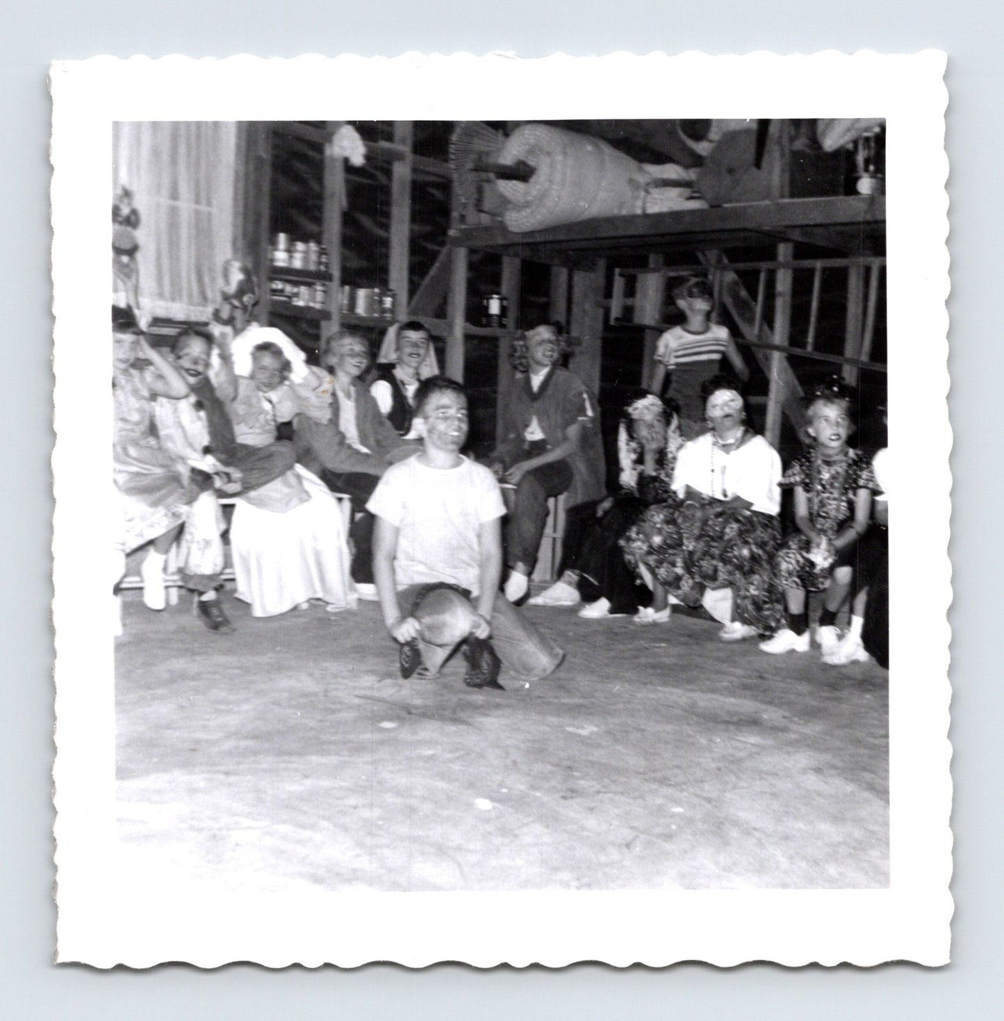Halloween 1950s children costume party group indoor snapshot barn setting masks face paint vintage photo