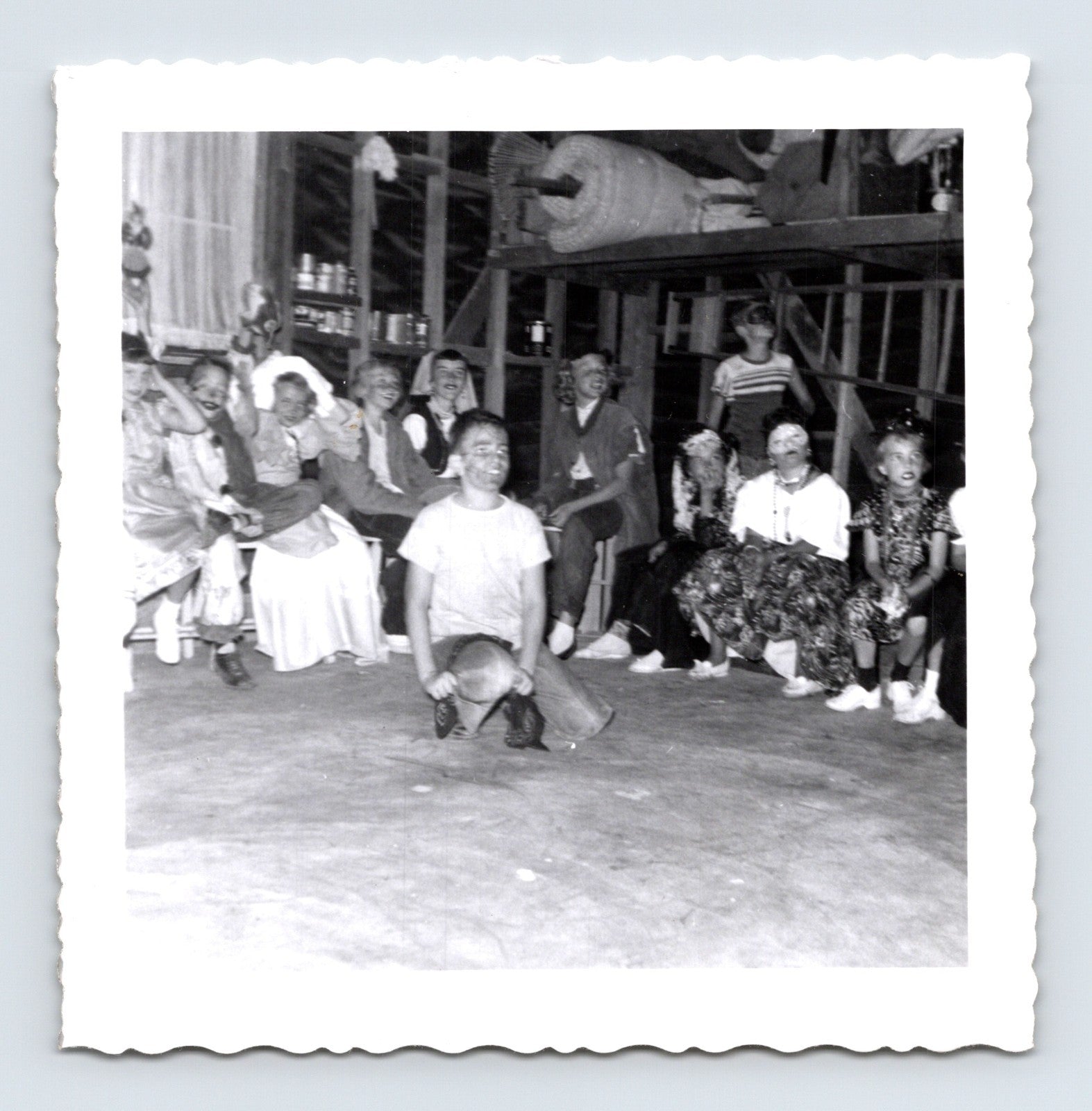 Halloween 1950s children costume party group indoor snapshot barn setting masks face paint vintage photo