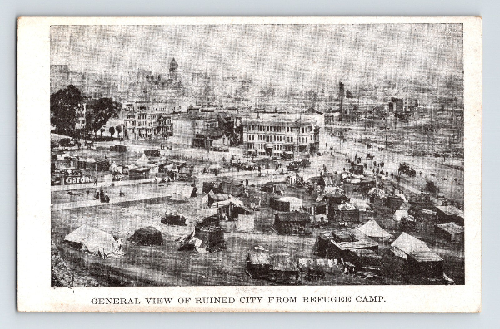 San Francisco California earthquake refugee camp tents ruined city view 1906 postcard