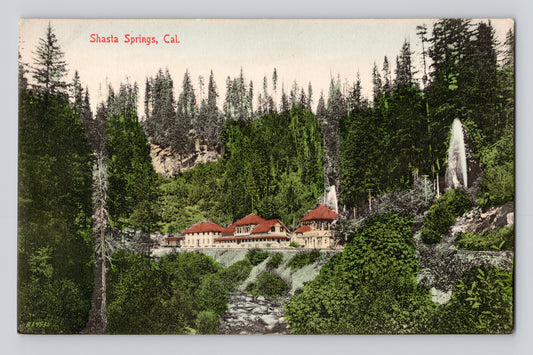 Mount Shasta California Springs clubhouse forest resort hand colored 1910s postcard