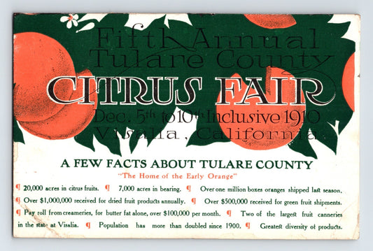 Visalia California Tulare County Citrus Fair Orange 1910 Postcard Posted