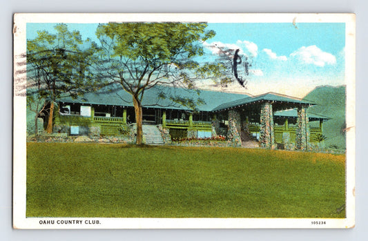 Oahu Country Club clubhouse in Honolulu Hawaii showing stone portico, broad lawn, and mountain backdrop in hand-colored white border postcard