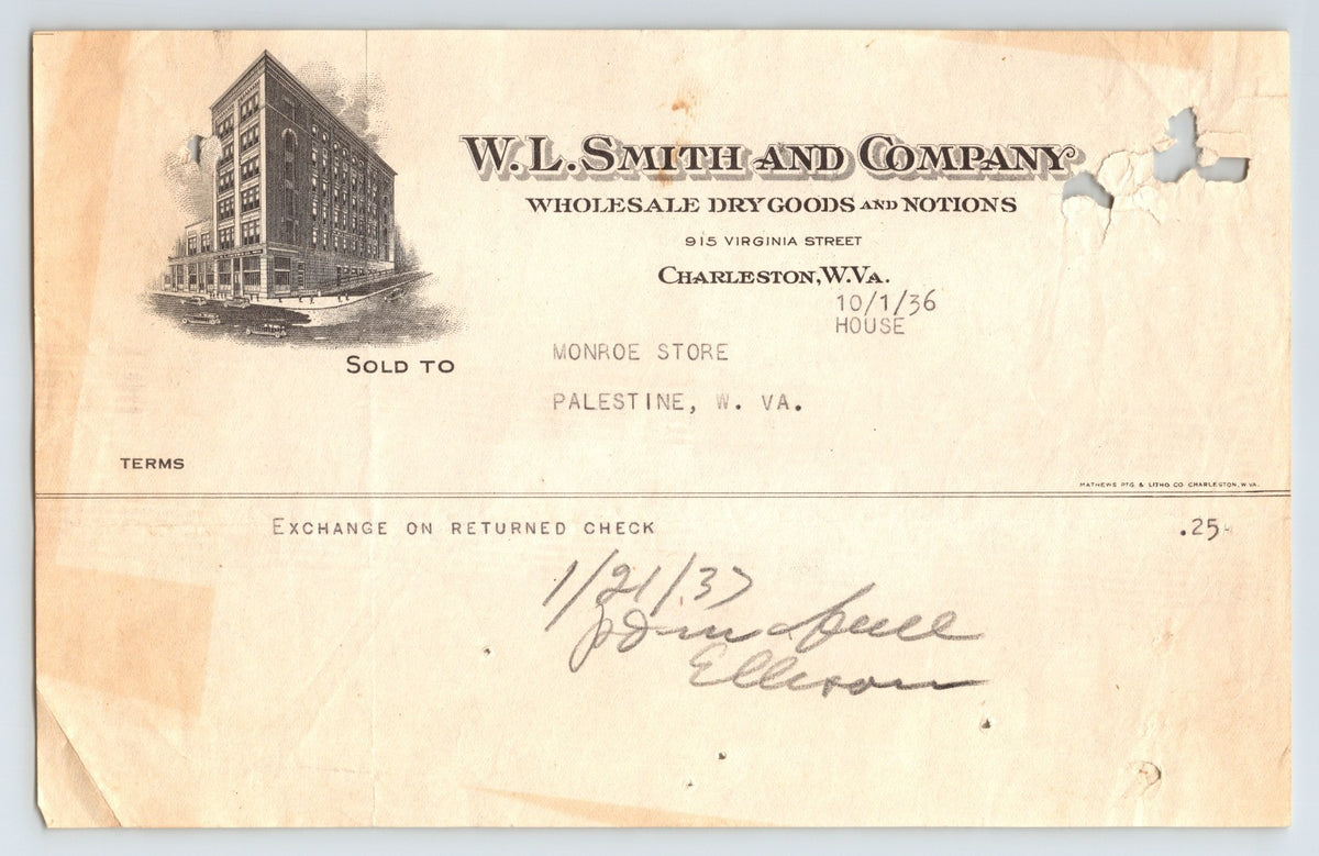 Charleston West Virginia W L Smith and Company 1936 billhead for wholesale dry goods and notions with illustrated building and handwritten notation