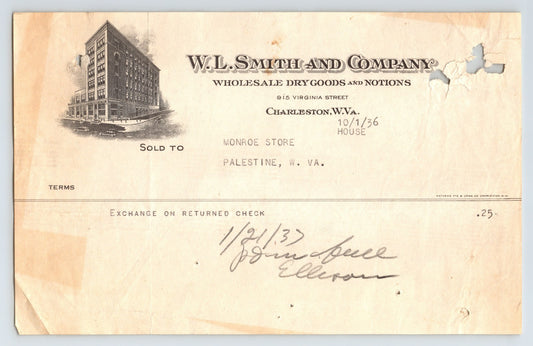 Charleston West Virginia W L Smith and Company 1936 billhead for wholesale dry goods and notions with illustrated building and handwritten notation