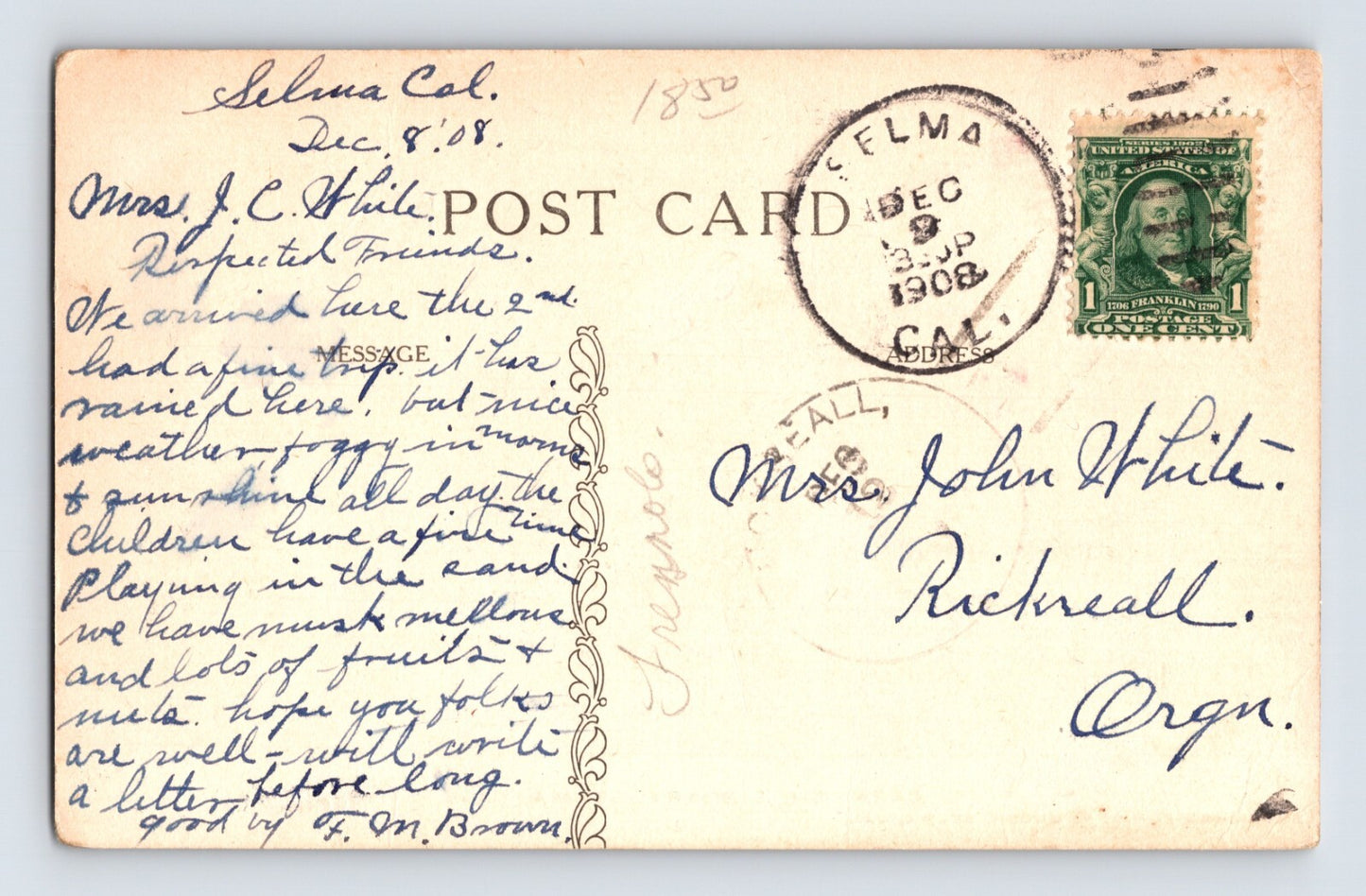 Selma California Carnegie Library 1908 Postcard Posted Divided Back