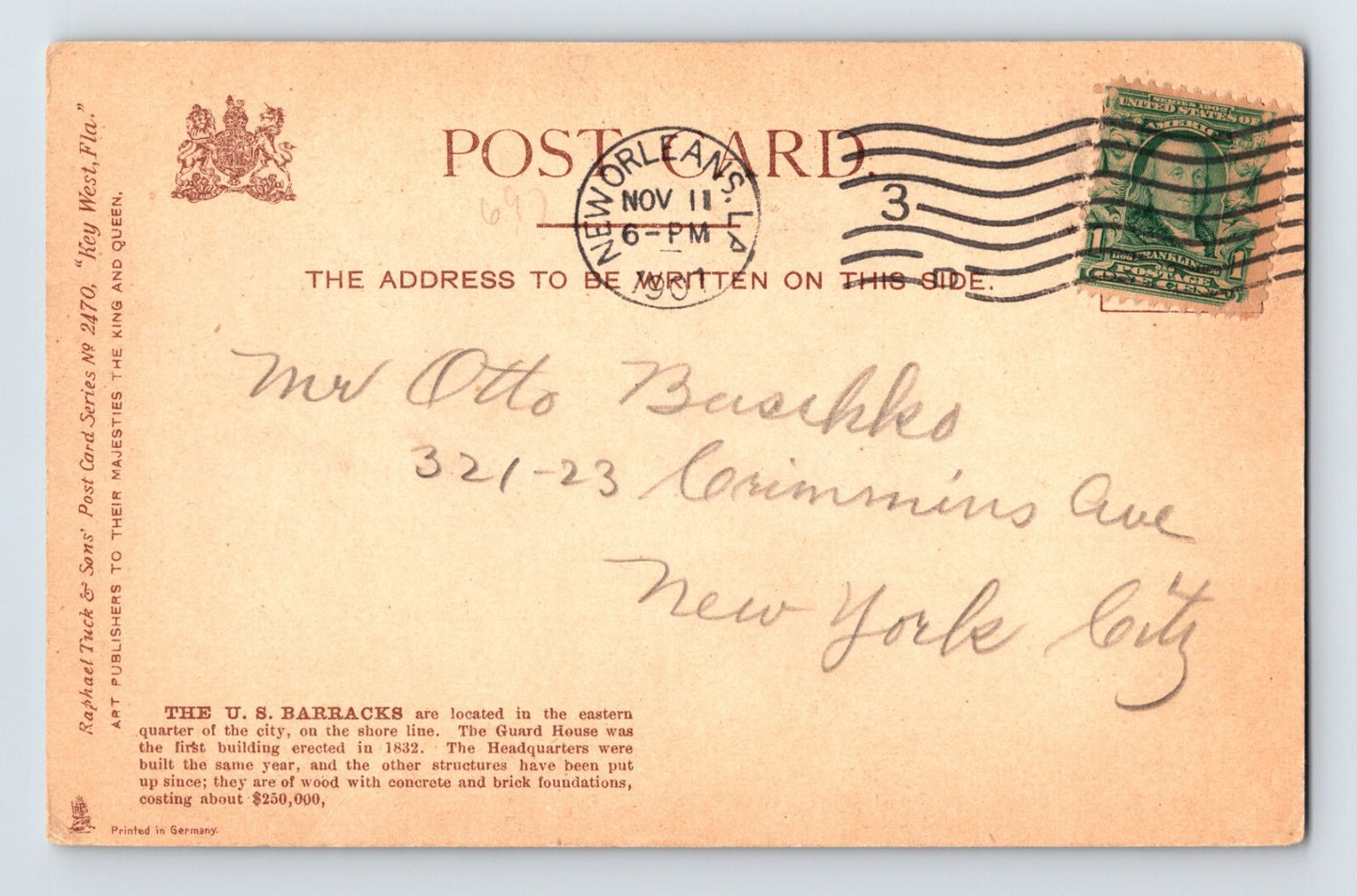 Key West Florida US Navy Barracks 1907 Postcard Posted Undivided Back