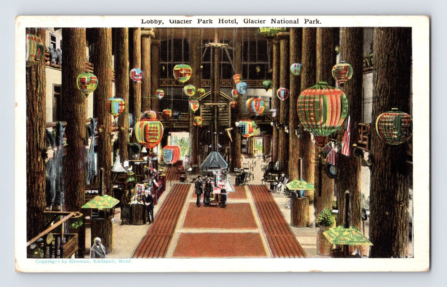 Glacier National Park Montana hotel lobby lanterns timber columns interior 1930s postcard
