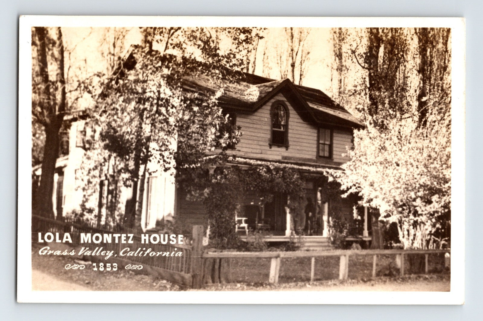 Grass Valley California Lola Montez House 1940s RPPC postcard with historic residence surrounded by trees