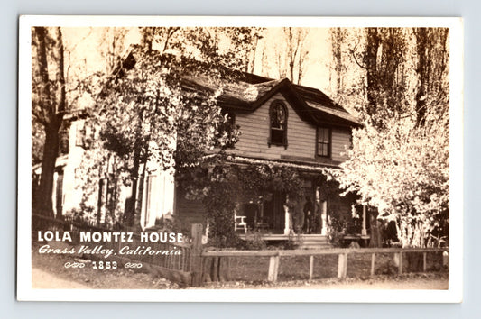Grass Valley California Lola Montez House 1940s RPPC postcard with historic residence surrounded by trees