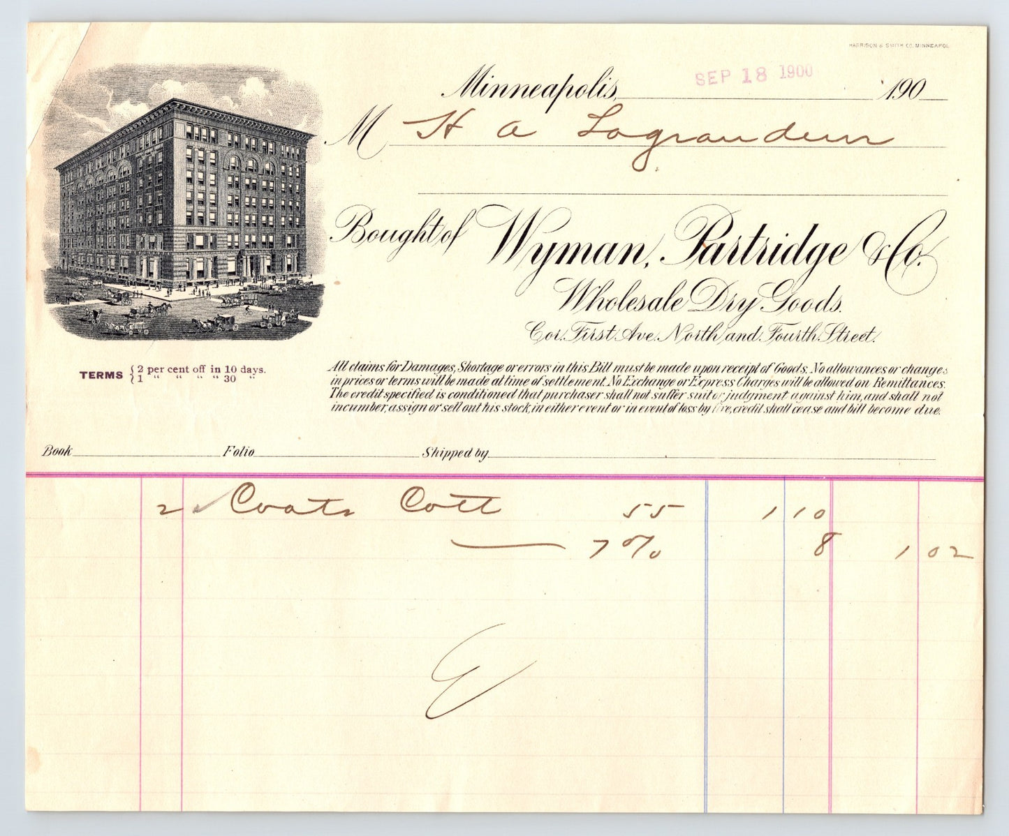 Minneapolis Minnesota 1900 Wyman Partridge Dry Goods Billhead 8 x 7