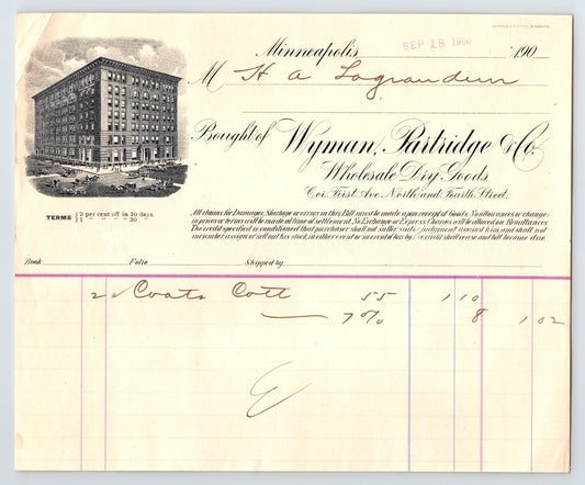 Minneapolis Minnesota 1900 Wyman Partridge Dry Goods Billhead 8 x 7
