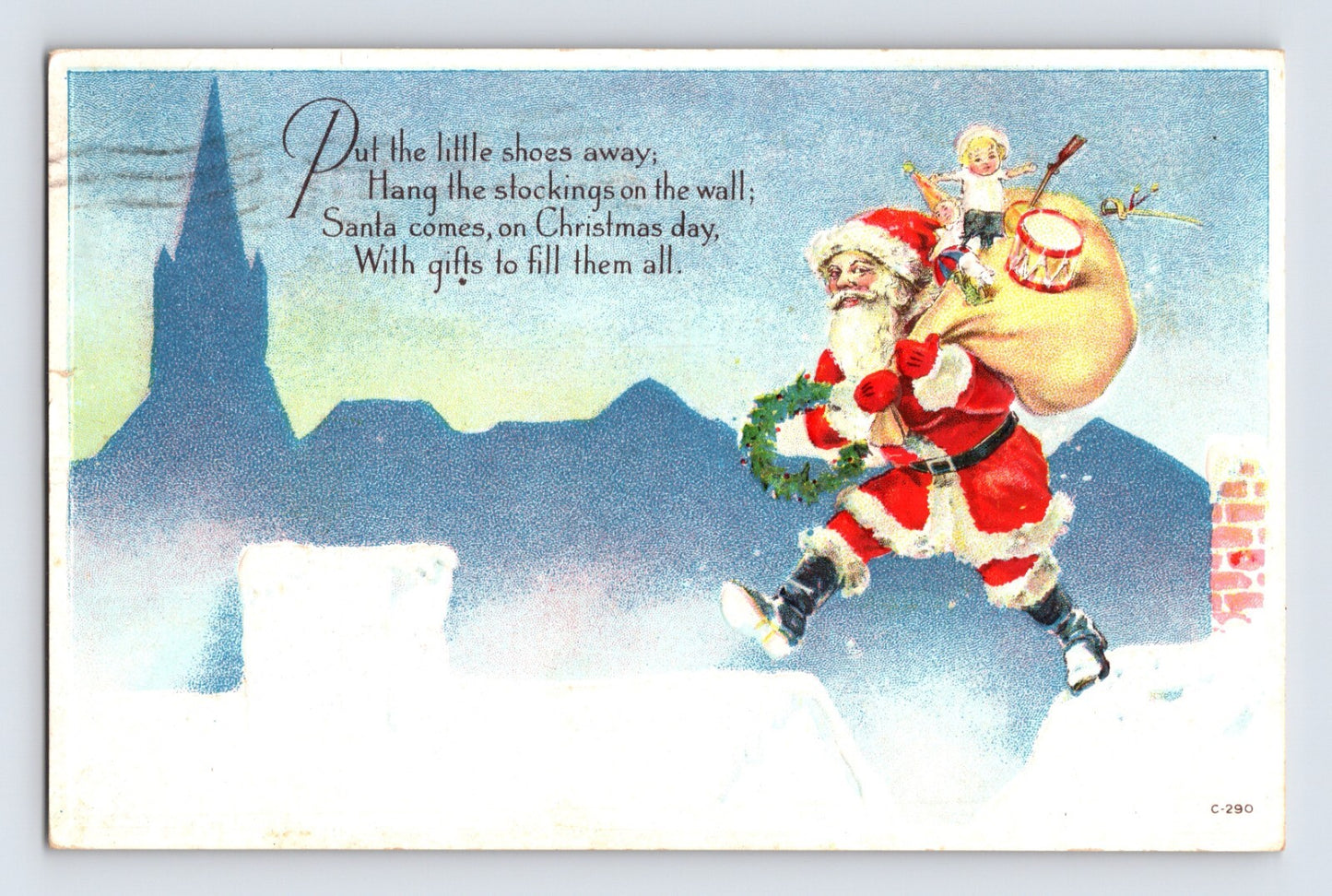 Christmas postcard Santa rooftop toys drum doll poem 1921 posted divided back