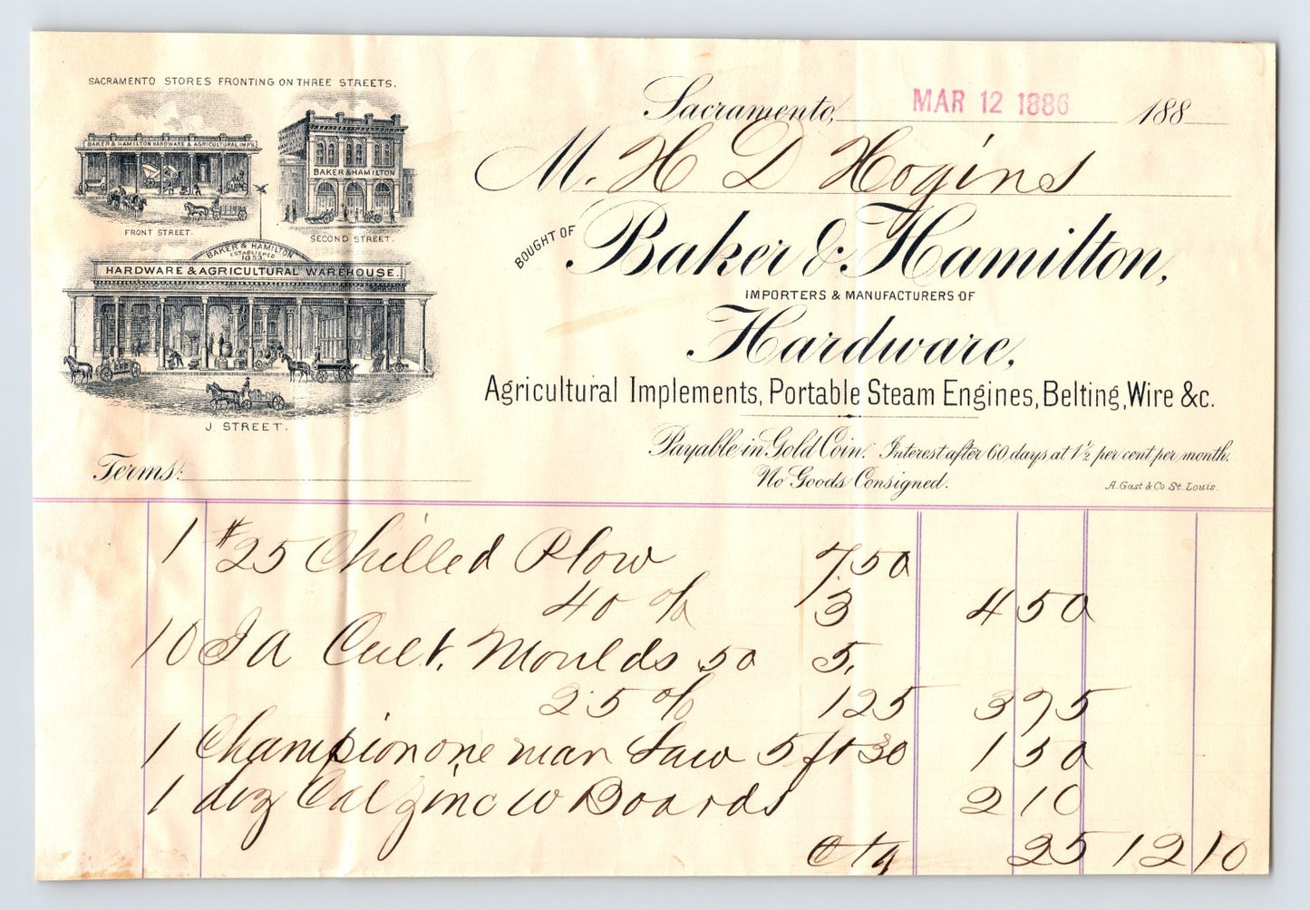Sacramento California 1886 Baker Hamilton hardware billhead agricultural implements steam engines 8 x 5.5