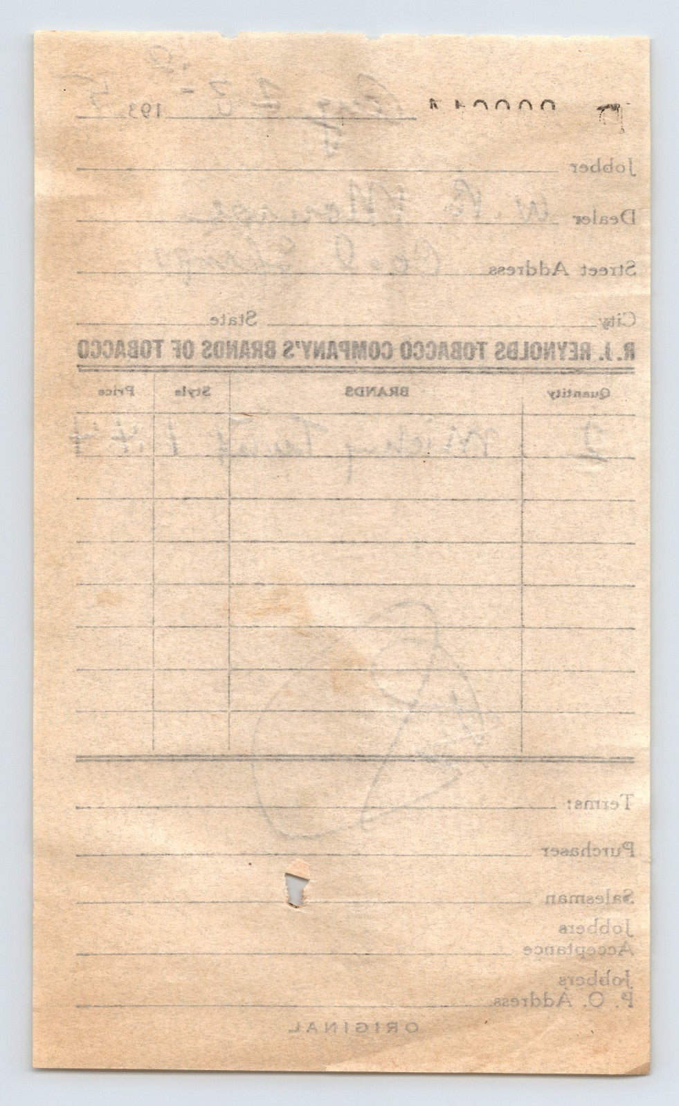 Cool Springs West Virginia 1935 RJ Reynolds Tobacco Billhead 6.5 x 4