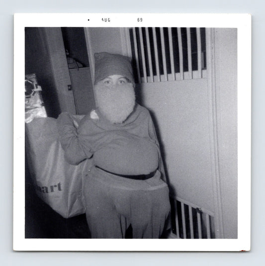 1969 Halloween child Santa Claus costume beard trick or treat bag indoor snapshot square photo