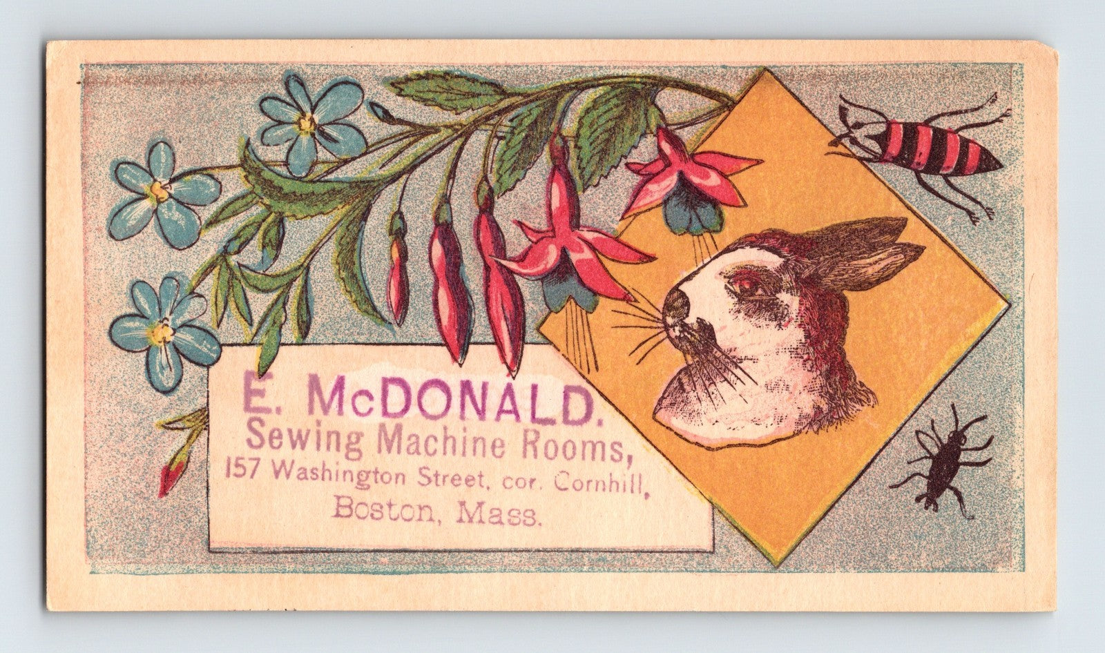 Boston Massachusetts McDonald Sewing Machine Rooms rabbit insect Victorian trade card