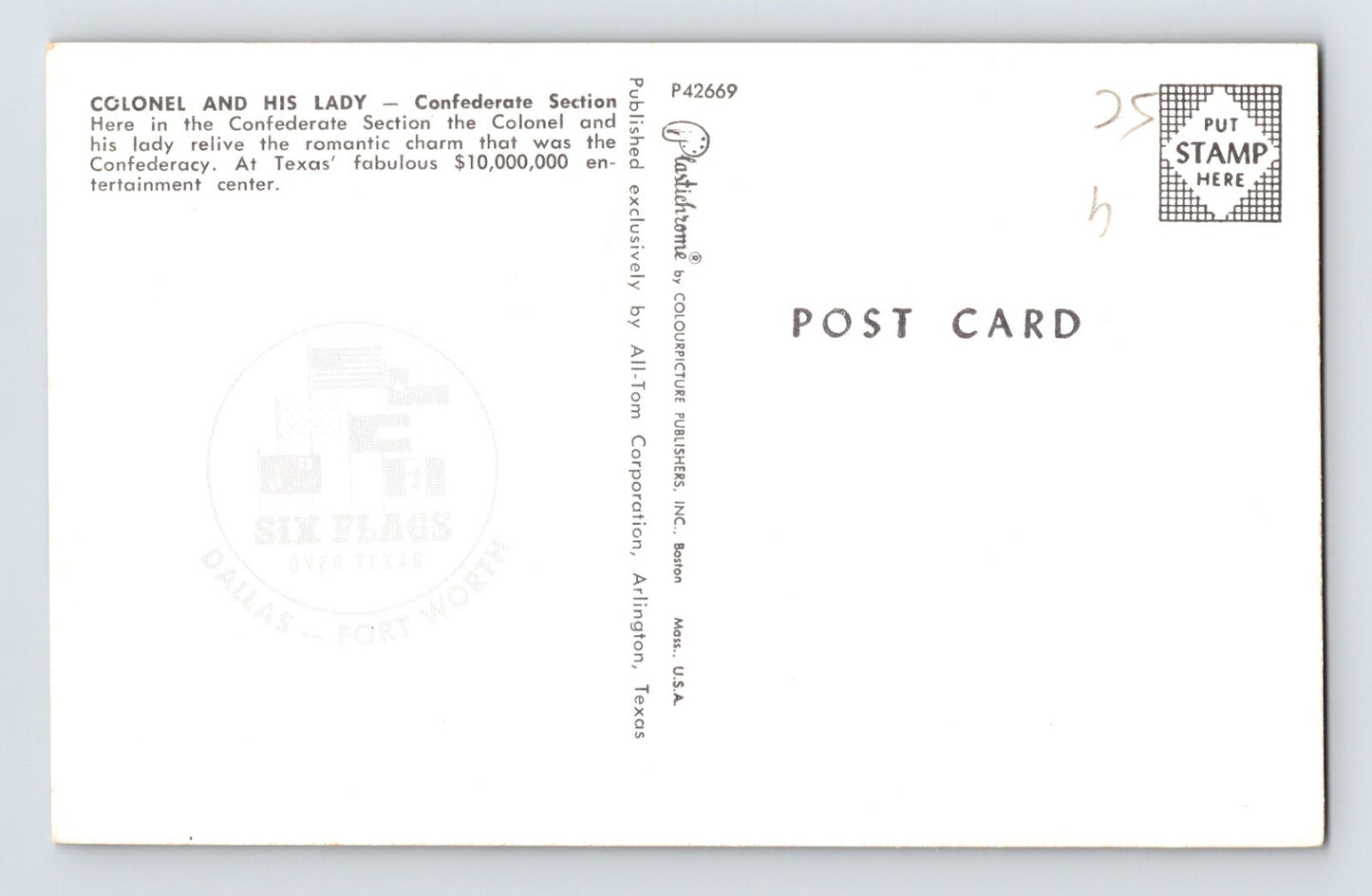 Dallas Fort Worth Texas Six Flags Civil War Section 1960s Postcard