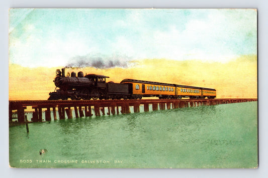 Galveston Texas Railroad Train crossing Galveston Bay trestle 1910s postcard