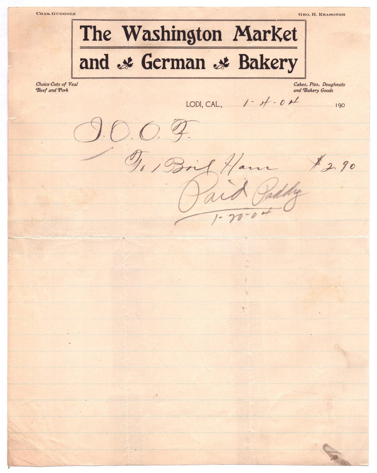 Lodi California Washington Market German Bakery Butcher 1904 Billhead 11 x 8.5