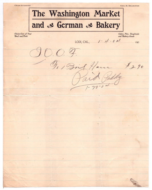 Lodi California Washington Market German Bakery Butcher 1904 Billhead 11 x 8.5