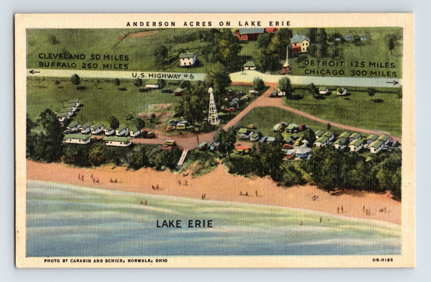 1940s linen postcard of Anderson Acres resort on Lake Erie Ohio with aerial view of cabins and beach