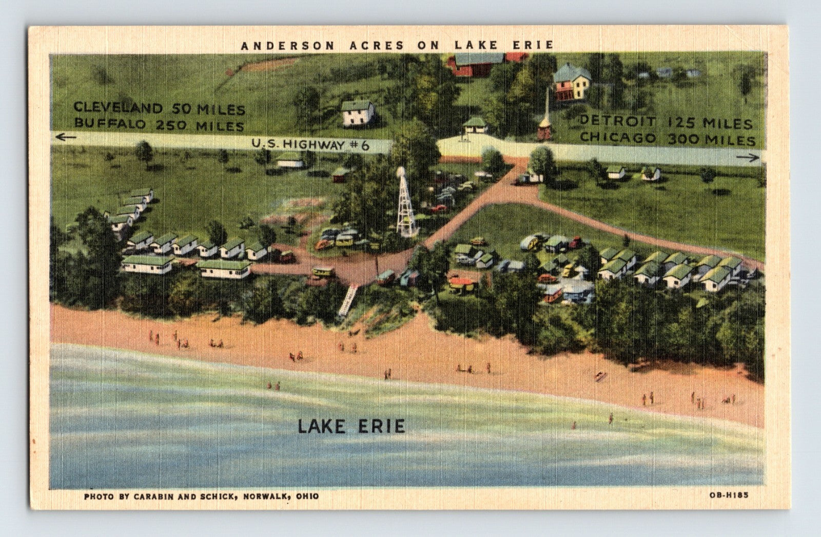 1940s linen postcard of Anderson Acres resort on Lake Erie Ohio with aerial view of cabins and beach