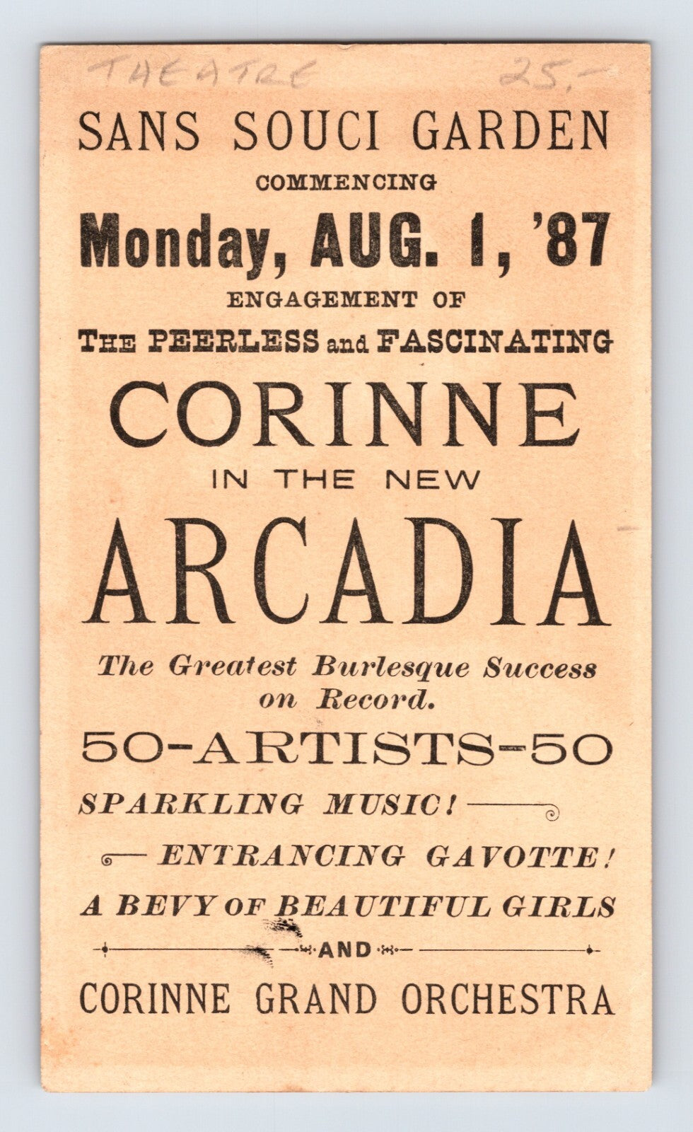 Corrine Arcadia Burlesque Theater 1887 Victorian Trade Card - 3 x 5