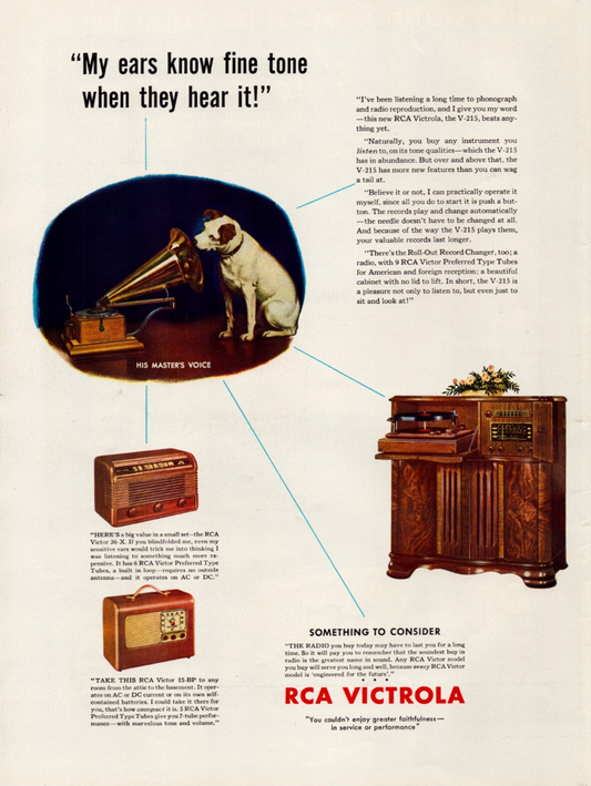 RCA Victrola 1942 print ad featuring Nipper dog listening to phonograph with radios and console units illustrated full page layout