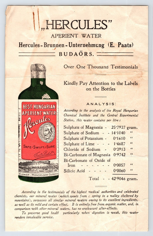 Hercules Hungarian Aperient Water 1910s Advertising Promo 6 x 9