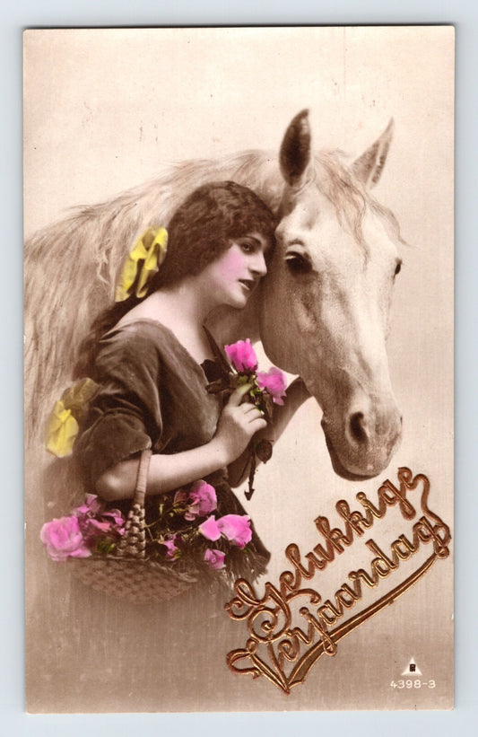 Beautiful Woman Horse Dutch Happy Birthday 1920s RPPC Postcard Hand Tinted