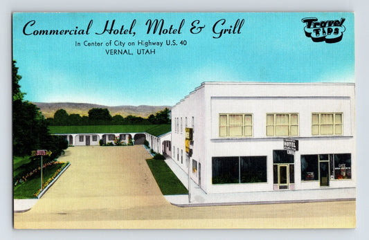 Vernal Utah Commercial Hotel Motel Grill US 40 linen postcard mid century lodging