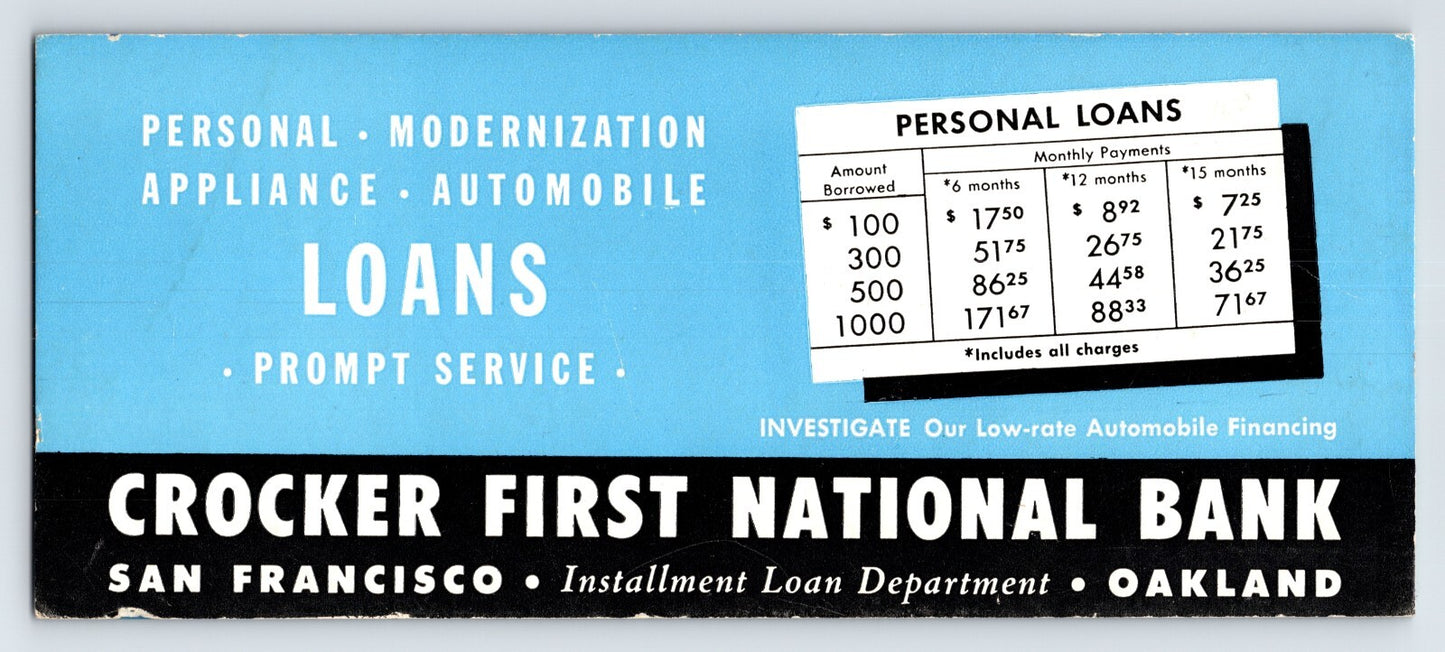 1940s Crocker First National Bank Oakland California loan rates advertising blotter banking promotional ephemera