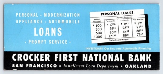 1940s Crocker First National Bank Oakland California loan rates advertising blotter banking promotional ephemera