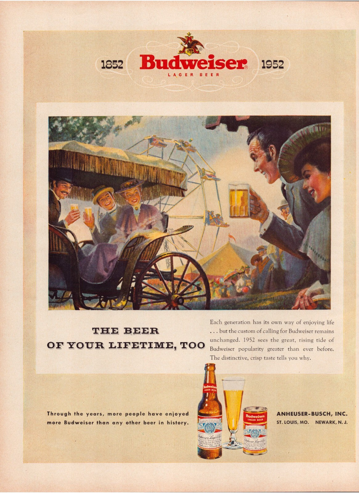 Budweiser beer 1952 print advertisement ferris wheel fair scene full page magazine