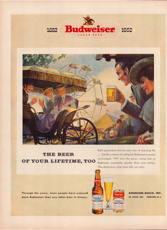 Budweiser beer 1952 print advertisement ferris wheel fair scene full page magazine