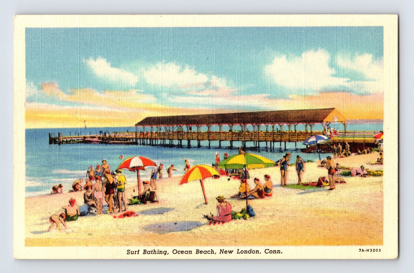 New London Connecticut Ocean Beach surf bathing pier swimmers umbrellas 1940s unposted postcard